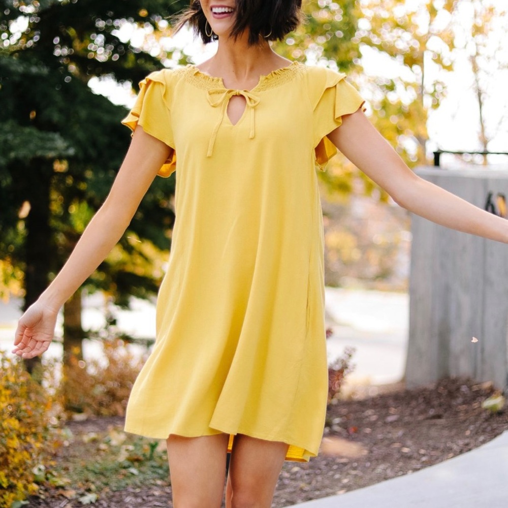 Golden Girl Smocked Neck Dress - Picture 1 of 7